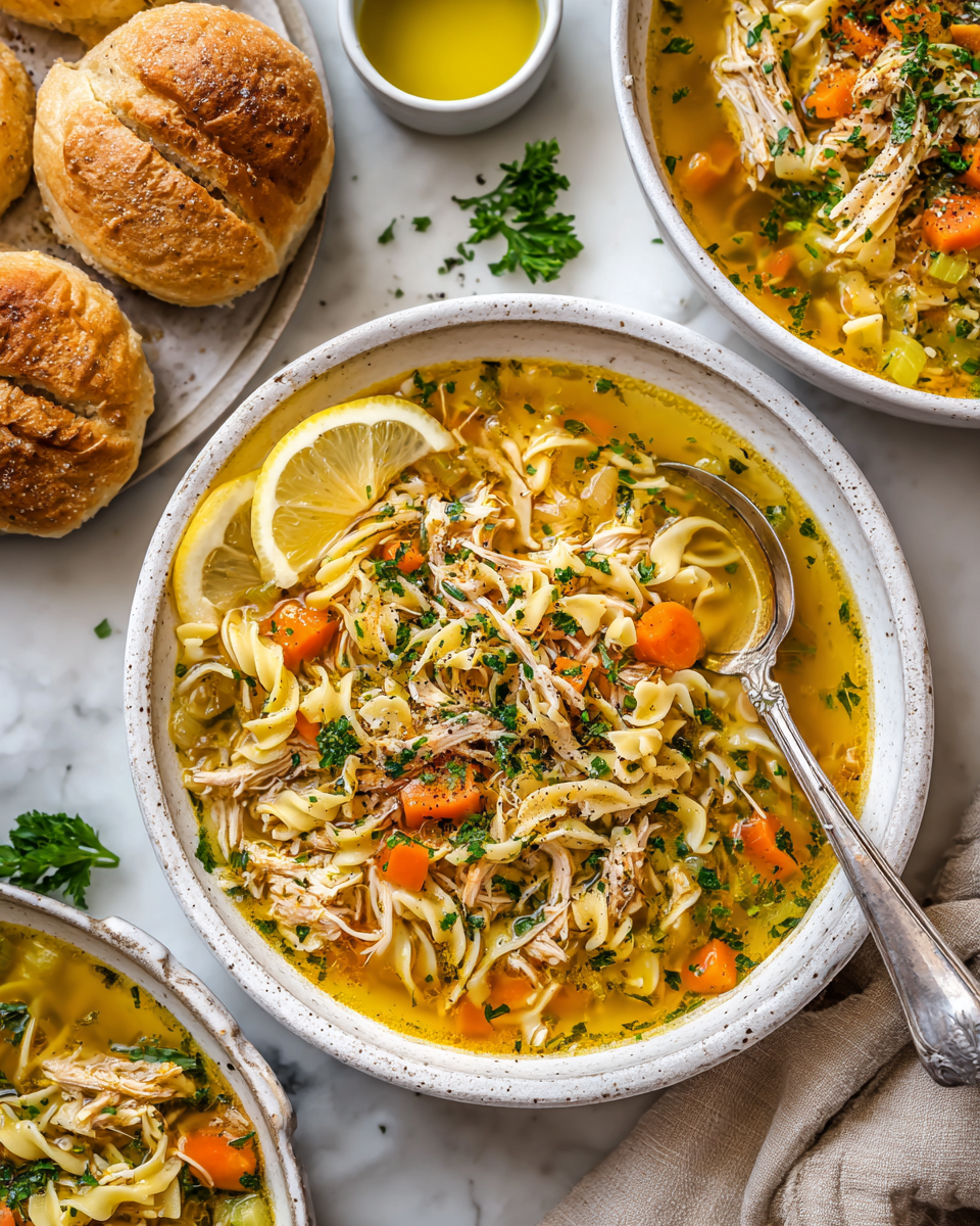 Comfortante Zuppa di Pollo con Noodles Zuppa di pollo con noodles autunnale, ricetta confortante e facile da preparare, ideale per serate fresche, una piatto nutriente e delizioso.