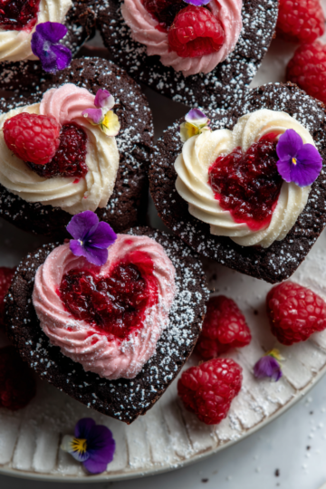 Deliziosi Cupcake a Forma di Cuore Sanguinante Cupcake a forma di cuore sanguinante con ripieno di lamponi freschi, dolce e decorativo, perfetto per celebrare l'amore.