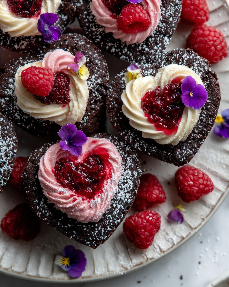 Cupcake a forma di cuore sanguinante con ripieno di lamponi freschi, dolce e decorativo, perfetto per celebrare l'amore.