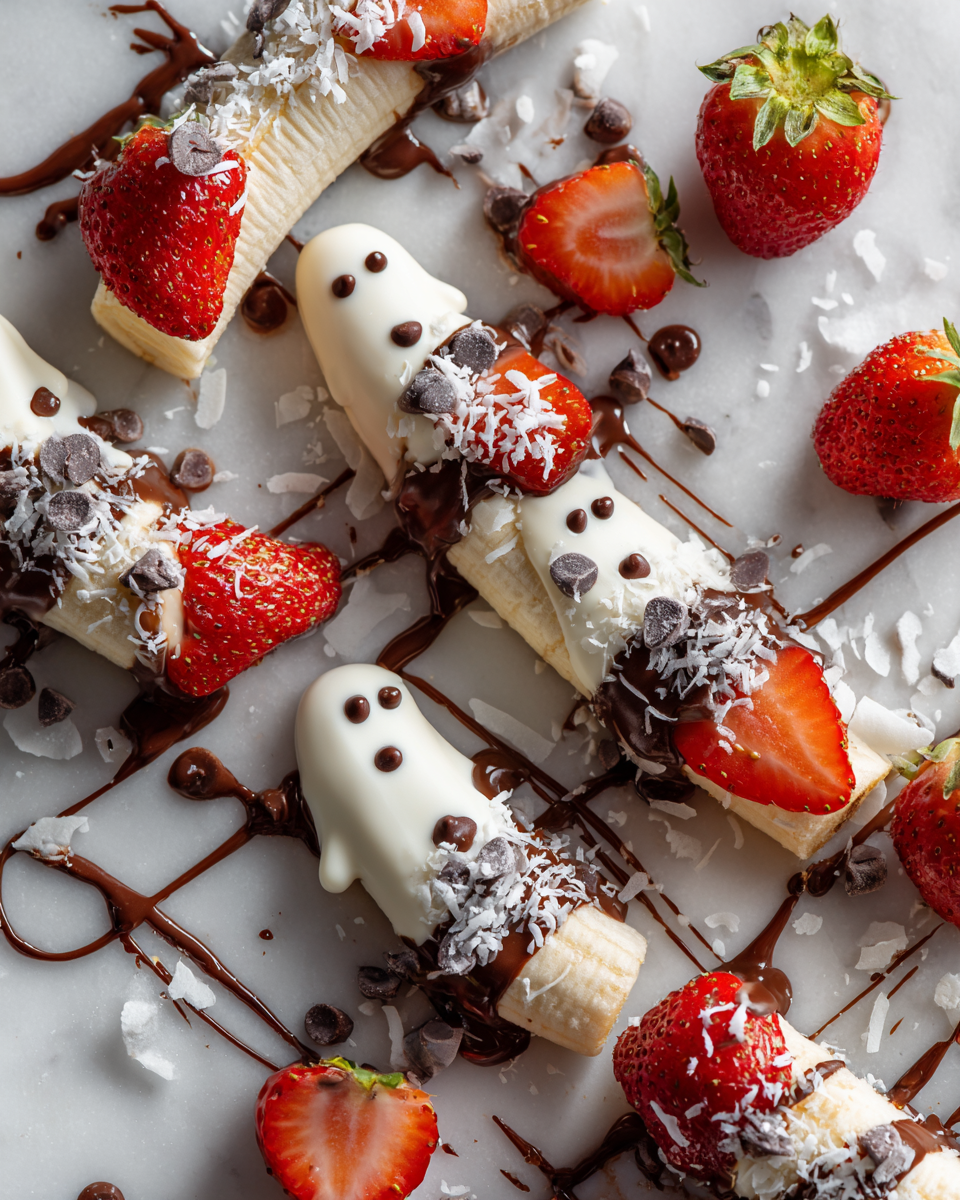 Divertenti Spiedini di Frutta Fantasma per Halloween Deliziosi spiedini di frutta fantasma decorati con cioccolato bianco, perfetti per una festa di Halloween.