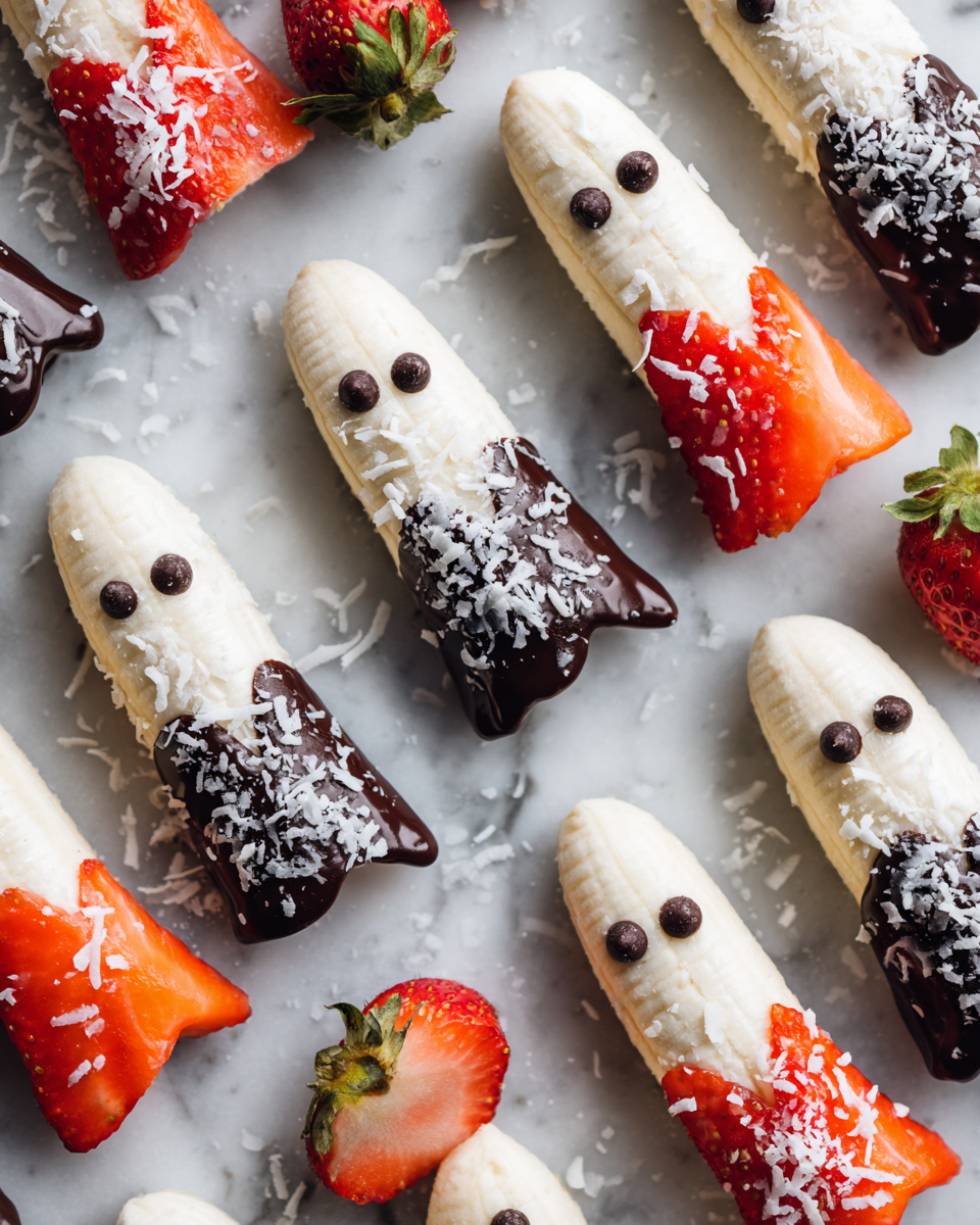 Divertenti Spiedini di Frutta Fantasma per Halloween Deliziosi spiedini di frutta fantasma decorati con cioccolato bianco, perfetti per una festa di Halloween.