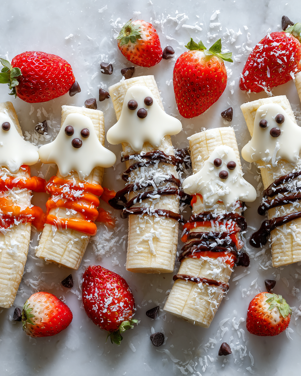 Divertenti Spiedini di Frutta Fantasma per Halloween Deliziosi spiedini di frutta fantasma decorati con cioccolato bianco, perfetti per una festa di Halloween.